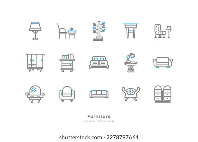 Set of Furniture Icons with Simple Line Style. Contains Lamp, Chair, Table, Cupboard, Wardrobe, Bookshelf, Bed, Mirror and More