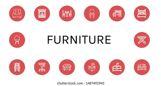 Set of furniture icons such as Armchair, Fireplace, Dinner table, Chair, Bench, Bed, Stool, Sofa, Sink 