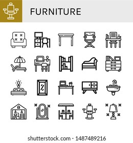 Set of furniture icons such as Chair, Armchair, Desk, Table, Director chair, Deck chair, Bookshelf, Divan, Drawers, Bed, Full length mirror, Furniture, Sink, Home office , furniture