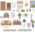 A set of furniture for the interior of a bedroom or living room. Modern design. Sofa and armchair, bedside table, floor lamp and lamps. Bookcase and wardrobe. Window with blinds. Figurines, paintings