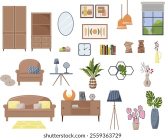 A set of furniture for the interior of a bedroom or living room. Modern design. Sofa and armchair, bedside table, floor lamp and lamps. Bookcase and wardrobe. Window with blinds. Figurines, paintings