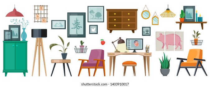 Set of furniture and interior decoration items. Vector illustration in flat style.