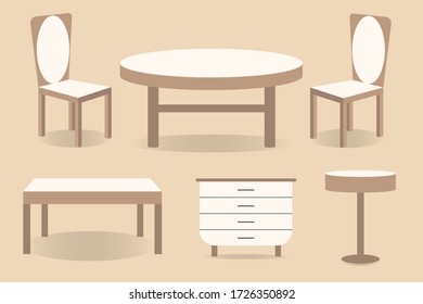 Set of furniture for interior design. Tables, chairs and nightstand isolated on a beige background