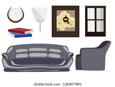 Set of furniture and interior elemetns. sofa, armchair, painting, lamp, books, clock. Isolated. Interior design. 