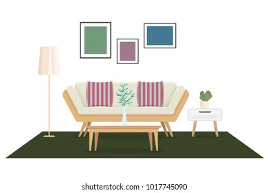 Set of furniture Interior and home accessories. Sofas with pillows, room background. vector illustration 