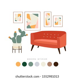 Set of furniture interior and home accessories. Mid century modern living room interior. Vector interior design template with color pallet