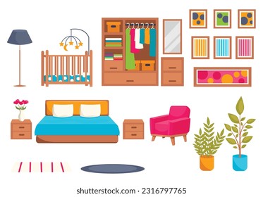 Set of furniture and interior items. Bedroom. Vector graphic on a white background.