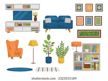 Set of furniture and interior items. Living room. Vector graphic.