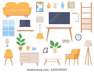 Set of furniture and interior items. Living room. Flowers, sofa, armchairs, tables, chest of drawer, tv. Vector graphic on a white background.