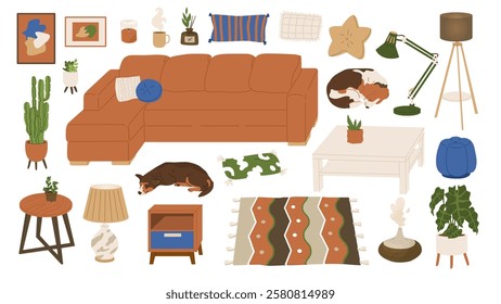 Set of furniture and interior items for the living room. Different cozy objects. Plants, animals, pillows and furniture. Vector illustration isolated on a transparent background.