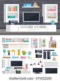 A set of furniture for the interior of the living room: a section, TV, wardrobe, video-game consoles, lamps, books, shelves, CD player, tape recorder. In modern orthogonal design. Vector illustration.