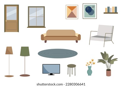  Set of furniture. Interior of modern minimalistic living room.  Armchair, bookshelf, sofa, carpet, window, door, tv, home plant, lamp. Flat vector.
