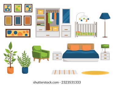 Set of furniture and interior stuff. Bedroom. Vector graphic.