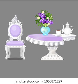 Set of furniture for interior in vintage style isolated on grey background. White chair with lilac upholstery, round table with tablecloth and vase with flowers. Vector cartoon close-up illustration.