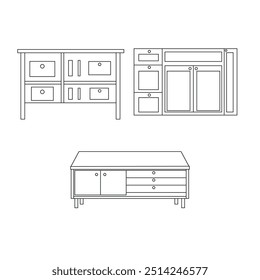 Set of furniture. Isolated, vector illustration. Line technique. Home decor. Kitchen furniture.