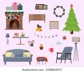 Set of furniture and items for Christmas and New Year. Design template. Sofa and armchair, table and sideboards, lampshade. Fireplace with socks, gifts and tree, New Year wreath, garland.