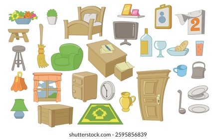 Set of furniture items in room or house, door, window, television in cartoon style, good for childrens book.