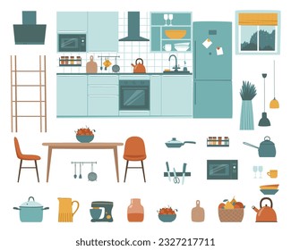 A set of furniture for the kitchen and dining room. Flowers, refrigerator, table, kitchen, microwave, dishes. Different furniture for interior design in the same style. Flat vector illustration.