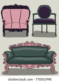 A set of furniture. A large chair, a chair and a sofa made of wood painted in gray and lilac colors with a gray,blue and lilac upholstery eps 10 illustration