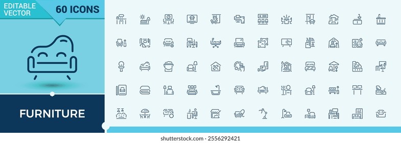 Set of Furniture line icons. Containing room, furniture, sofa, desk, mirror, house and more. Simple web icons. Vector illustration in modern line style.