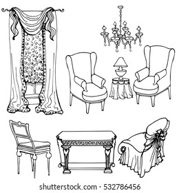 a set of furniture for the living room of the classical vector, hand-drawn, curtain, window, console, seats, chairs and chandelier, for interior decoration ,  black lines in white background
