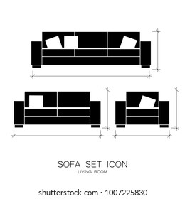 Set of Furniture for Living Room with Dementions. Sofa and Armchair Icons isolated on White Background. Vector Illustraion. Interior Design Elements for Architects