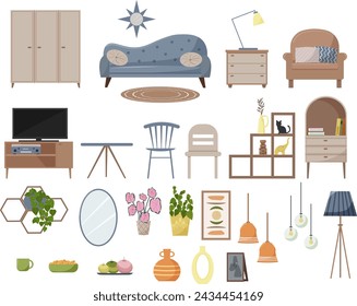 Set of furniture for living room design. Sofa and wardrobe, bedside table and armchair, table and chairs, figurines and flowers. TV and floor lamp, bookcases and shelves, lamps and mirror. Flat vector