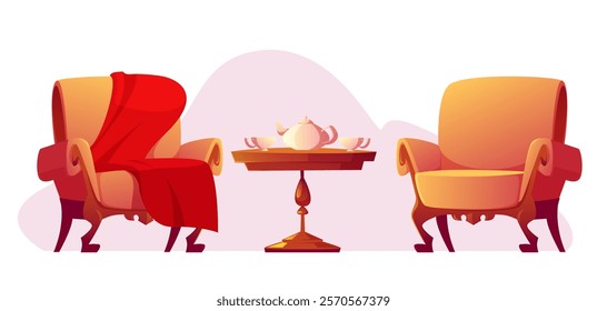 Set of furniture for living room interior in Victorian style. Vector illustration, cartoon on white background. Armchairs and a tea table with a kettle and cups for English tea in a luxurious style