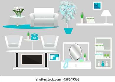 A set of furniture for the living room. Living room interior vector illustration