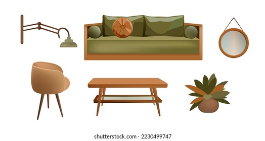 Set of furniture in the living room. Sofa, chair, coffee table, lamp, mirror. Isolated objects on a white background.