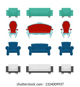 A set of furniture for the living room. Sofas and armchairs. In different styles. Vector flat illustration.