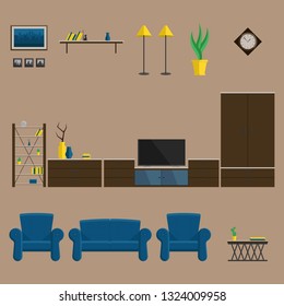 A set of furniture for the living room in the style of the mid-century.  Vector flat illustration. The interior of the room.