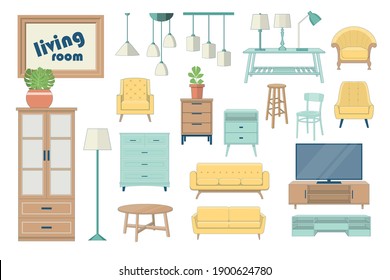 Set Of Furniture For Living Room. Vector Icons. Flat Design Lamps