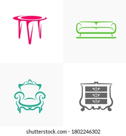 Set of Furniture Logo Design Vector Template. Symbol and icon of chairs, sofas, tables, and home furnishings.
