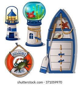 Set of furniture in nautical style. Wardrobe form of boat with drawers, aquarium shape of lighthouse with crab, wall-mounted lifebuoy isolated on white background. Vector cartoon close-up illustration