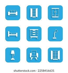 Set Furniture nightstand, Armchair, Wardrobe, Table lamp, Floor, Bed,  and Sofa icon. Vector