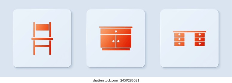 Set Furniture nightstand, Chair and Office desk. White square button. Vector