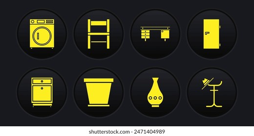 Set Furniture nightstand, Closed door, Flower pot, Vase, Office desk, Chair, Coat and Washer icon. Vector