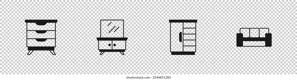 Set Furniture nightstand, Dressing table, Wardrobe and Sofa icon. Vector