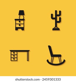 Set Furniture nightstand with lamp, Armchair, Office desk and Coat icon with long shadow. Vector