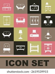 Set Furniture nightstand, Lamp hanging, Chandelier, Picture, Sofa, Wardrobe, TV table and  icon. Vector
