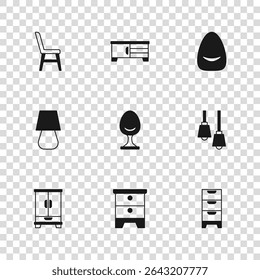 Set Mobília cabeceira, Lâmpada pendurada, Peito de gavetas, Poltrona, Pouf, Cadeira, mesa de TV e ícone de lâmpada de mesa. Vetor