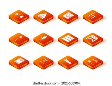 Set Furniture nightstand, Round table, Floor lamp, Office chair, Bed, Shelf, with books and Chair icon. Vector