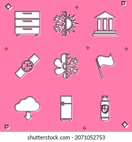 Set Furniture nightstand, Sun snowflake, Bank building, Wrist watch, Air conditioner and Flag icon. Vector