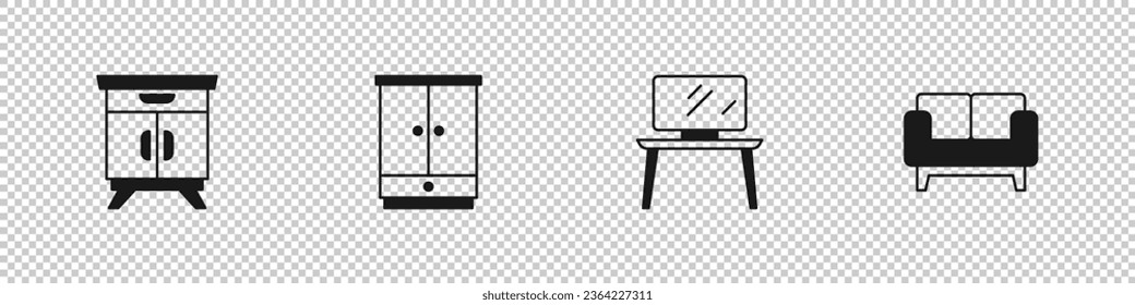 Set Furniture nightstand, Wardrobe, TV table and Sofa icon. Vector