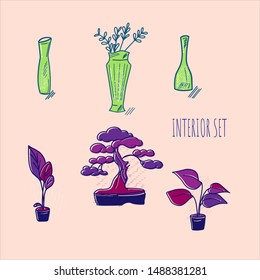 Set of furniture objects as  vases, house plants, bonsai
for modern interior. Hand drawn line art cartoon vector illustration.