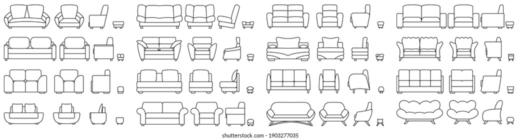 A Set Of Furniture For An Office, Bedroom, Living Room. Sofa, Armchair, Ottoman. Vector In Outline Style Isolated On White.
