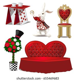 A set of furniture on the theme of fairy tales. Card table, upholstered sofa in the shape of hearts and the white rabbit isolated on white background. Vector cartoon close-up illustration.