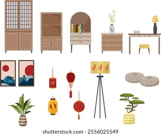 set of furniture of oriental interior. Wardrobe, bedside table, table and floor lamp. Bookcase. Paintings, Japanese lanterns. Bonsai and flowers. Vector illustration