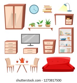 Set of furniture and other interior items. Flat cartoon style vector illustration.